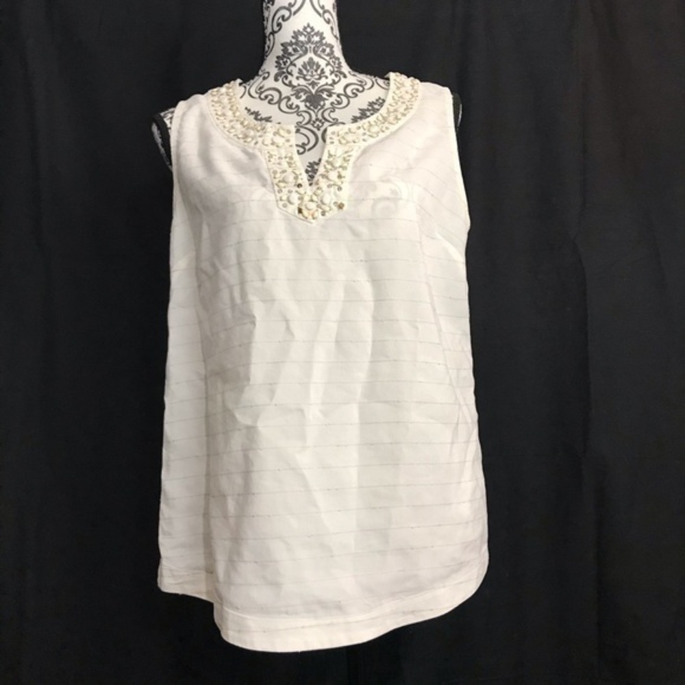 Vineyard Vines White Embellished Linen Blend Sleeveless Tunic Blouse Size 8 - Picture 2 of 7
